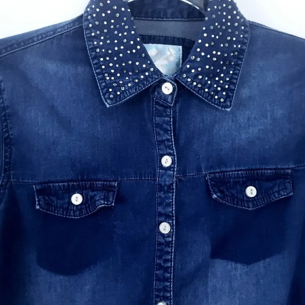 Justice Ombre Denim Shirt Rhinestone Size 16 Girls Kids Long Sleeve Button Down